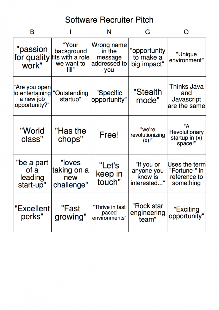 I made a bingo board for software recruiter pitches