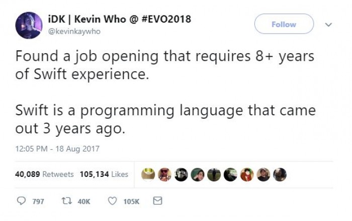 Found a job opening that requires 8+ years of Swift experience.