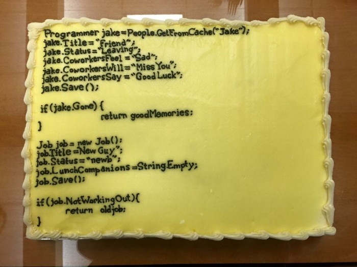 Jake is leaving for a new job, we tried to get creative with the cake.