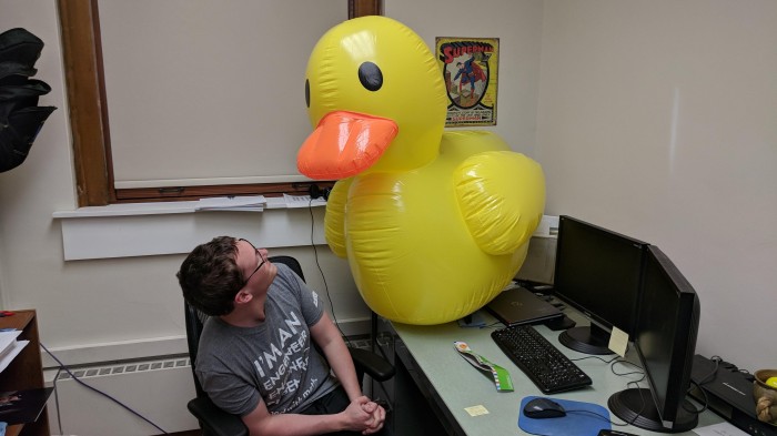 One of my profs gave us all (30 people) rubber ducks because he was tired of the "Oh nvm, I figured it out" emails. We returned the favor.